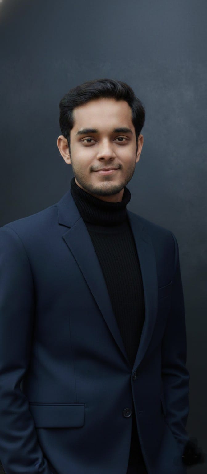 Full-length professional portrait of Ishan Basak in a navy suit